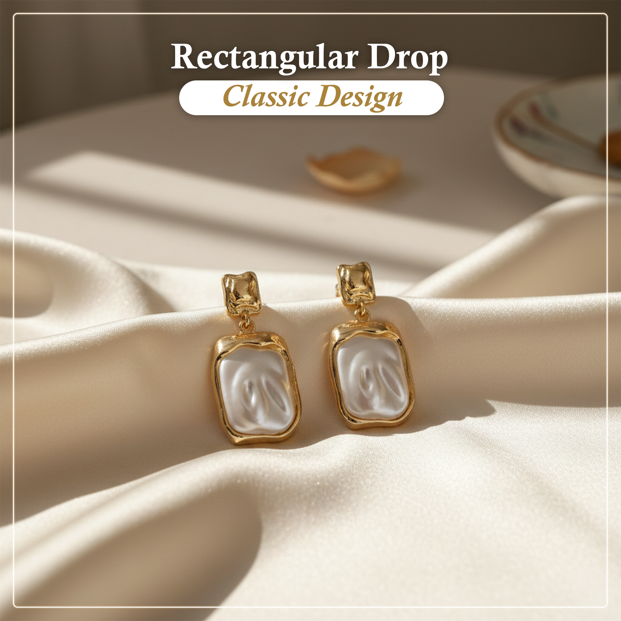 Gold Tone Drop Earrings with Rectangular Design for Women