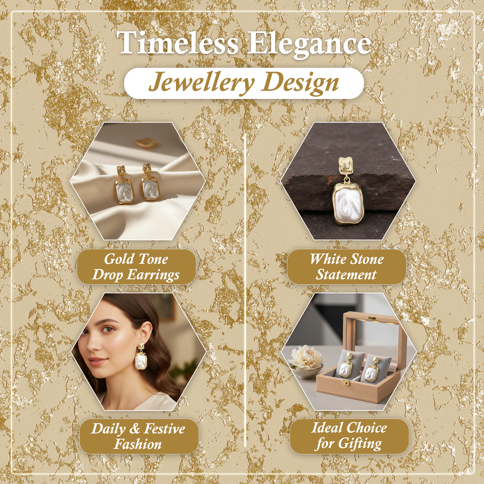 Gold Tone Drop Earrings with Rectangular Design for Women