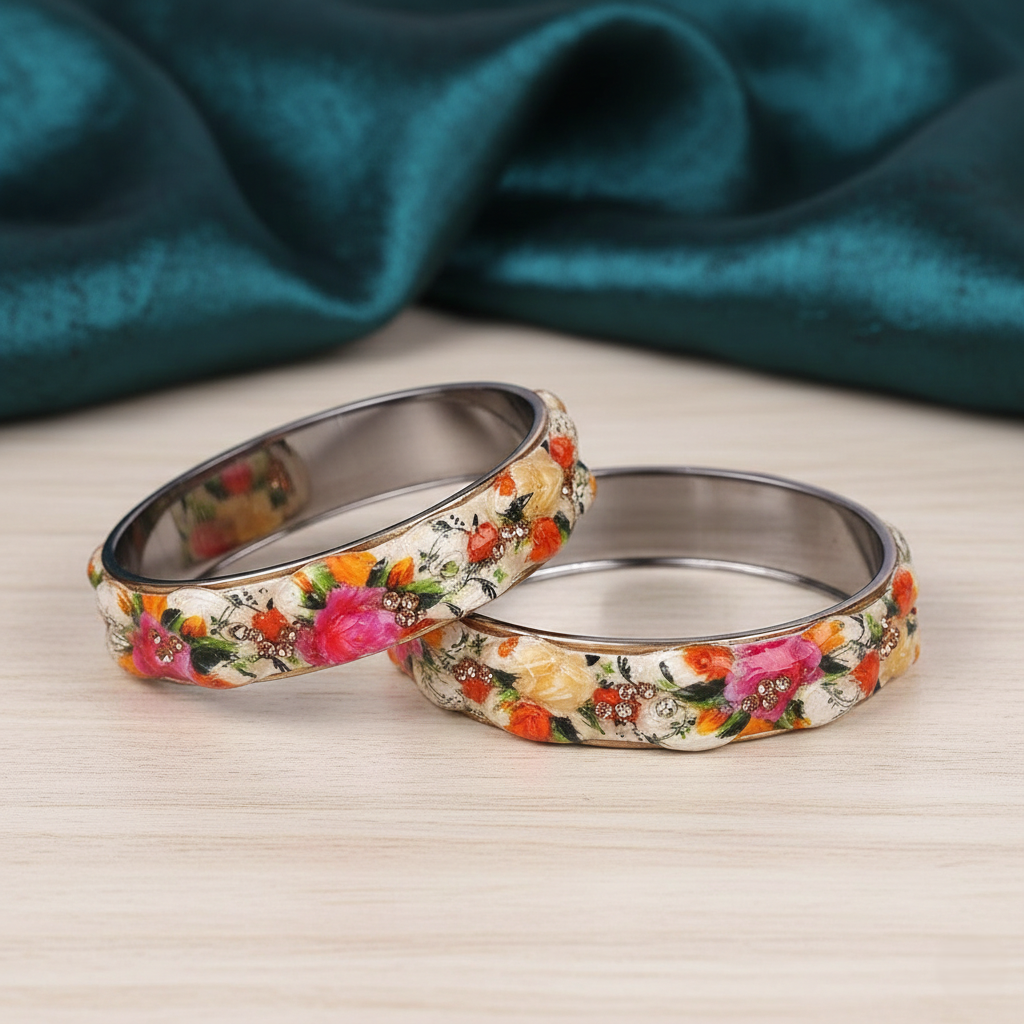 Set of 2 Flower Printed Glass Ethnic Bangles Set for Womens