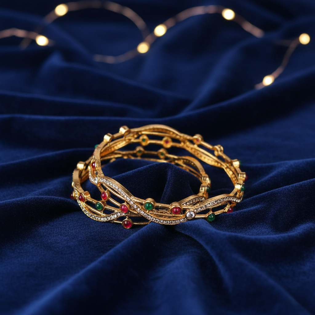 Set of 2 Dual-Row Wavy Pattern Bangles for Women