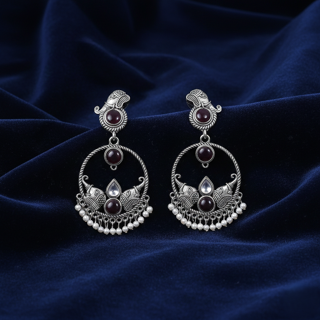 Purple Stone Oxidised Silver Earrings for Women