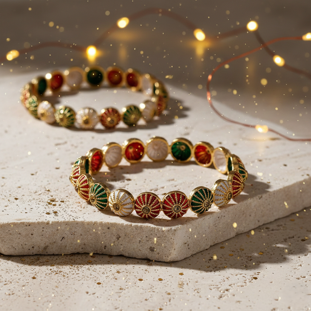 Set of 2 Multicolor Round Glass Metallic Bangles for Women