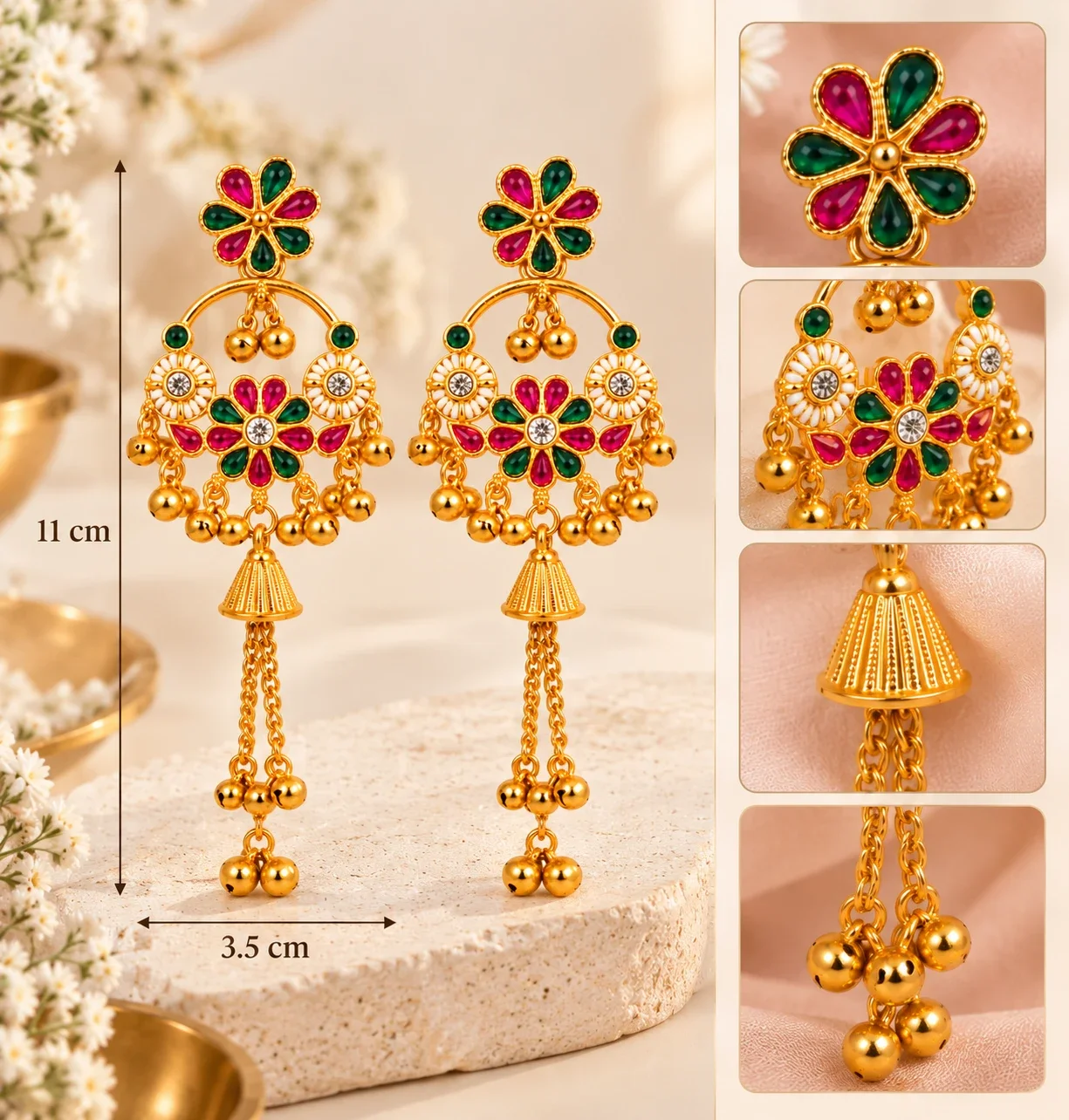 Kashmiri Floral Chandbali Jhumka Earrings