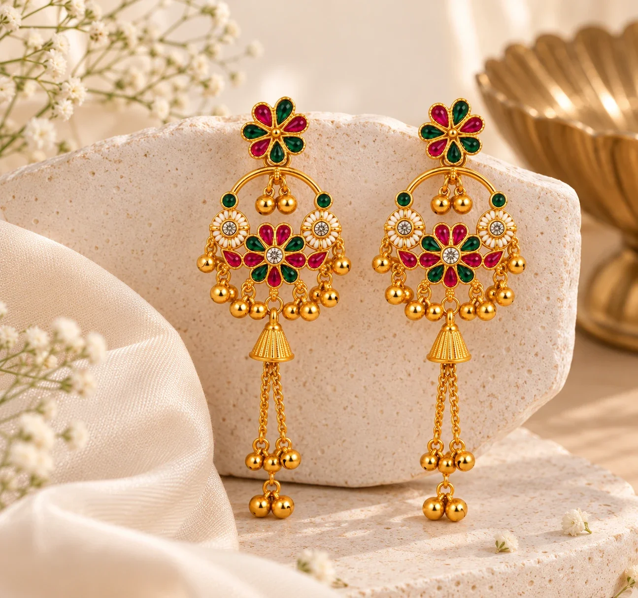 Kashmiri Floral Chandbali Jhumka Earrings