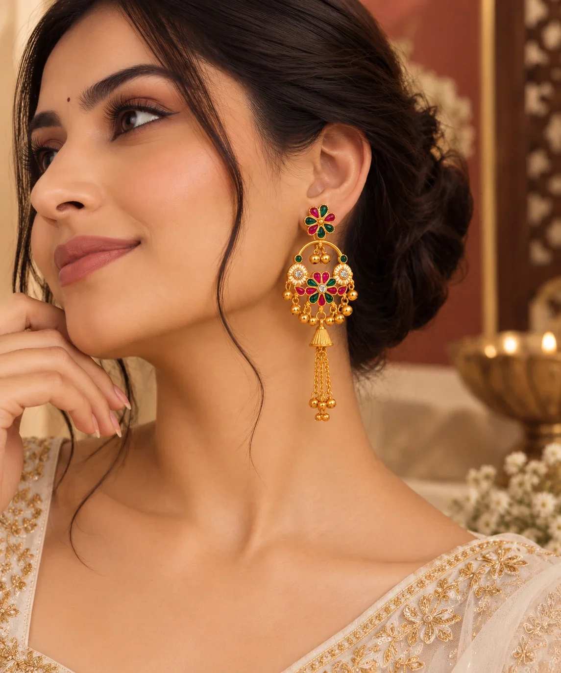 Kashmiri Floral Chandbali Jhumka Earrings