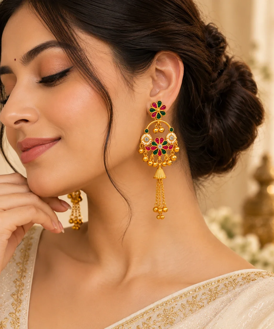 Kashmiri Floral Chandbali Jhumka Earrings