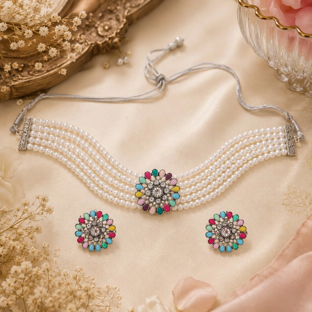 Oxidised Silver Multi-Strand Pearl Choker Necklace Set with Floral Stud Earrings