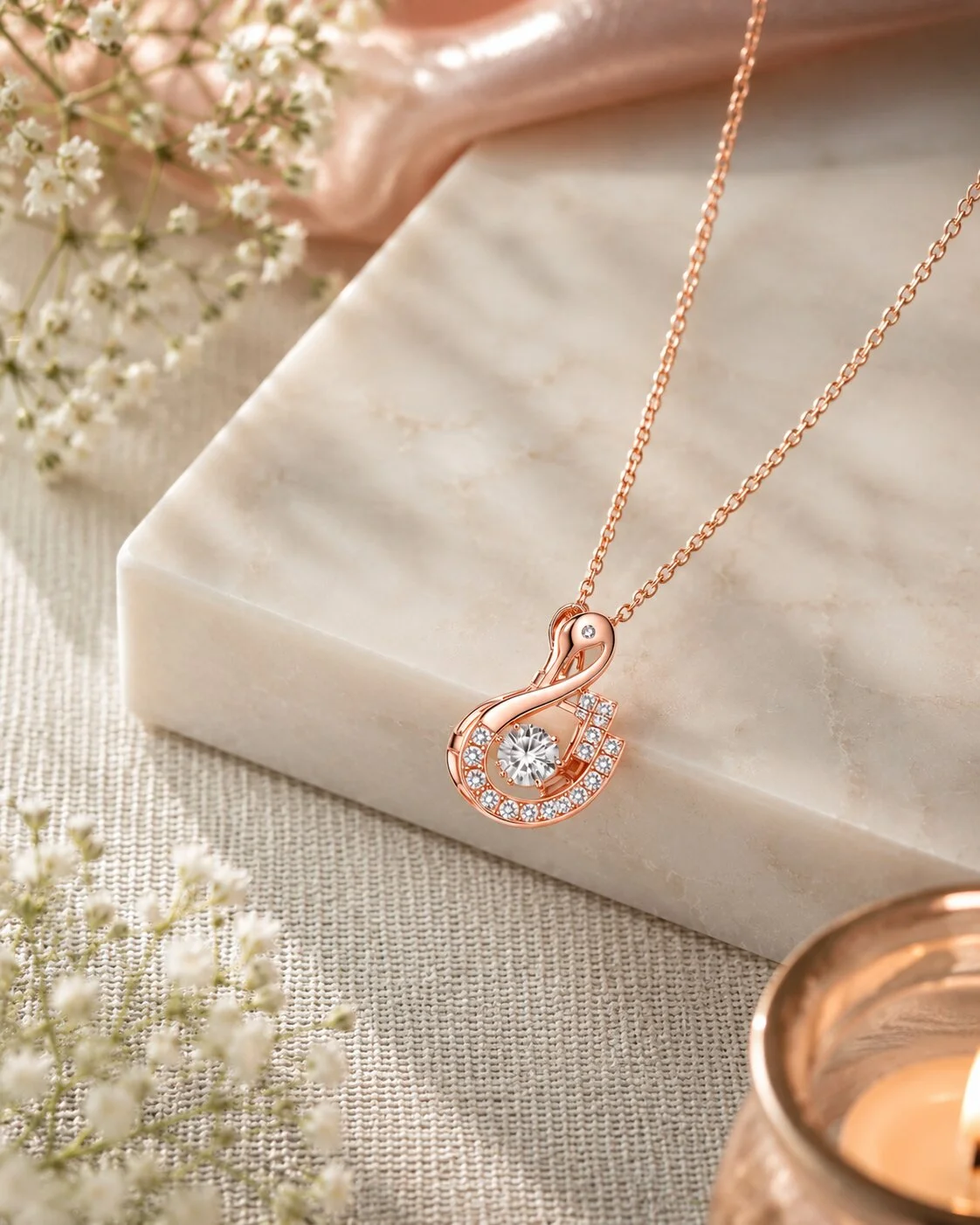 Rose Gold Swan Pendant Necklace with CZ Stones